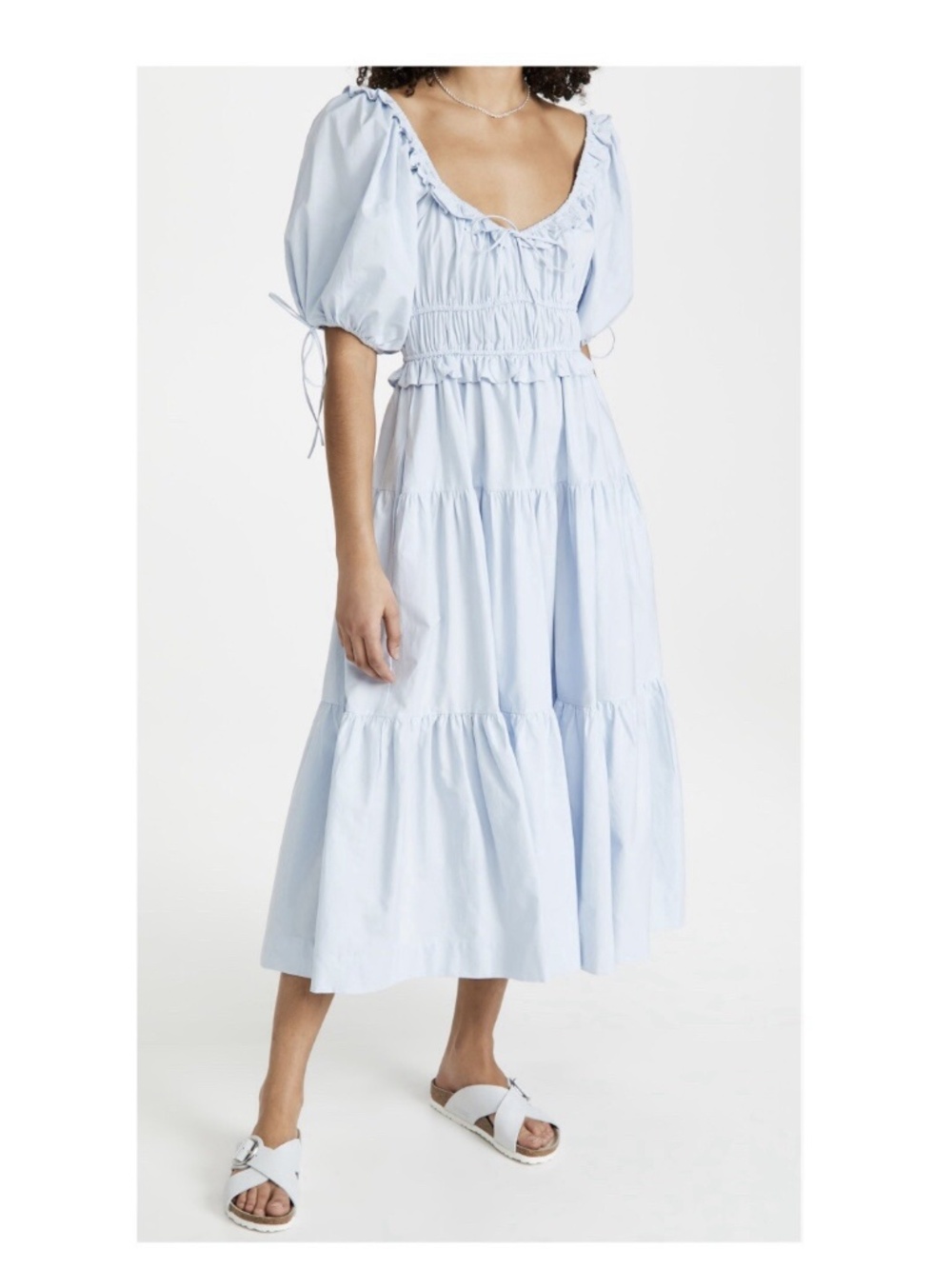 En Saison Light Blue Poplin Tiered Midi Peasant Dress Size XS
